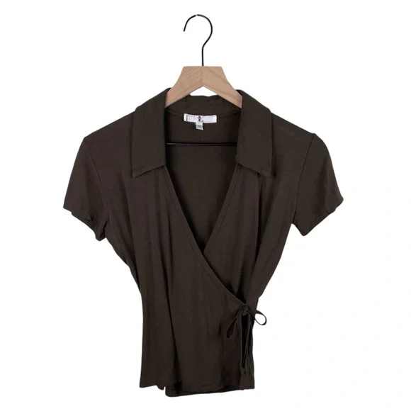 Vintage Y2K Rampage Brown Wrap Front Collared Tee Short Sleeves Size Small Fairy - Picture 8 of 9